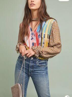 NWOT Anthropologie Conditions Apply Mixed-Print Pleasant Blouse Size S